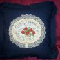 decorative throw pillow dark blue cross stitched gather ye rose buds while ye may