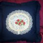 decorative throw pillow dark blue cross stitched gather ye rose buds while ye may