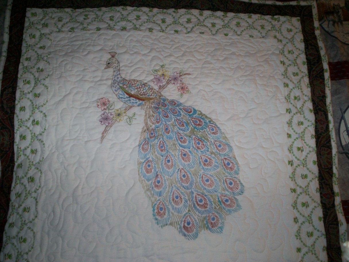 embroidered peacock lap baby quilt handmade size 39 inches x 39 inches