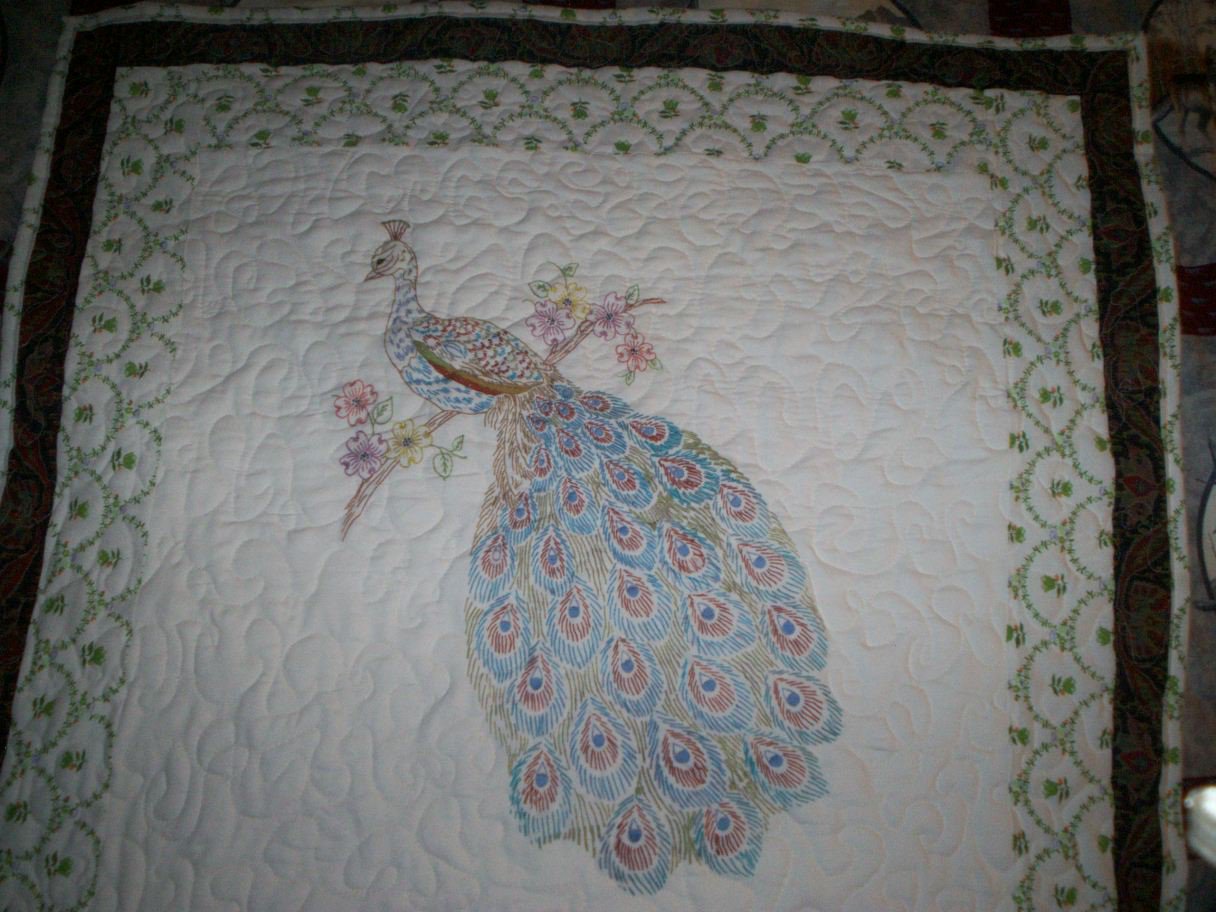 embroidered peacock lap baby quilt handmade size 39 inches x 39 inches
