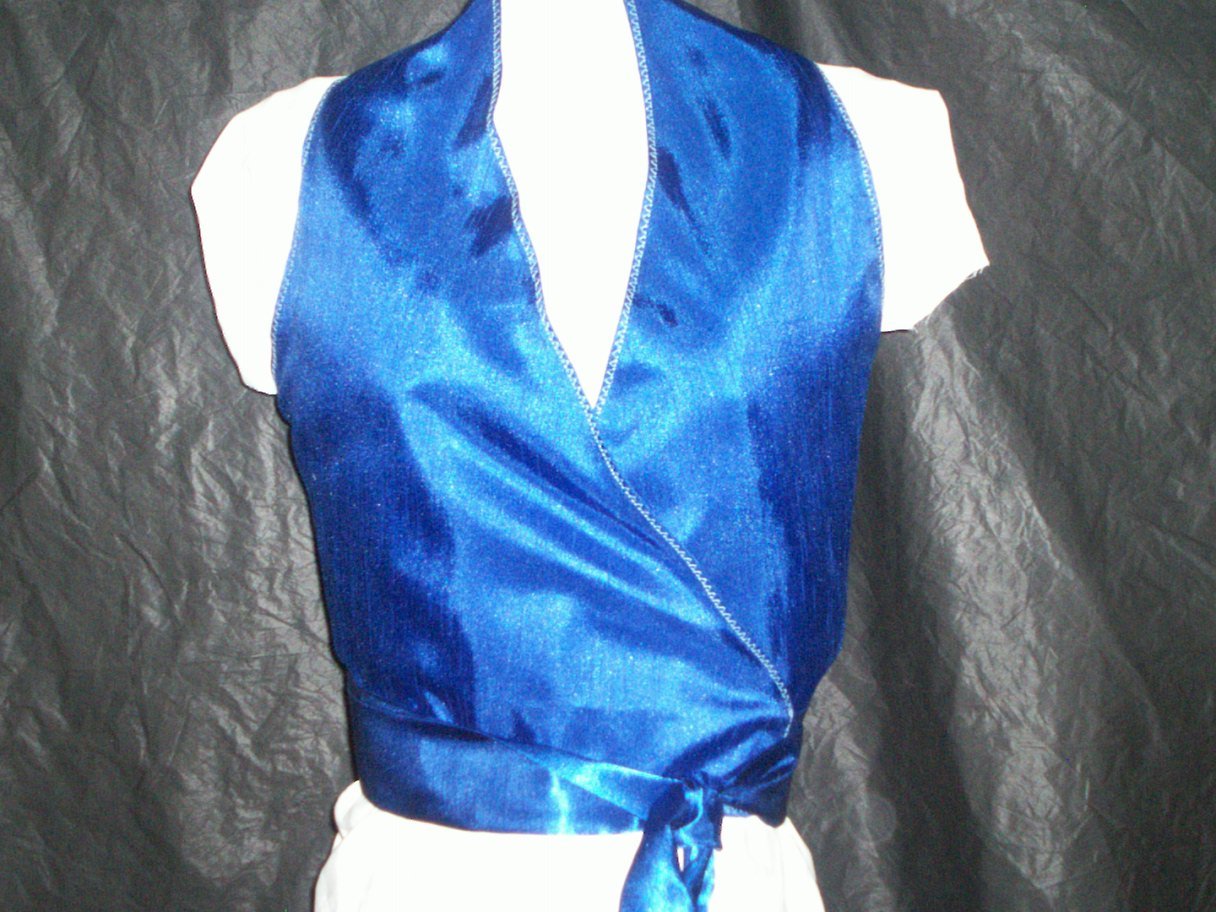 teen wrap around halter top blue satin lining miss size 12 handmade