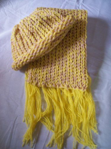child's knitted hat and scarf set light tan and yellow handmade