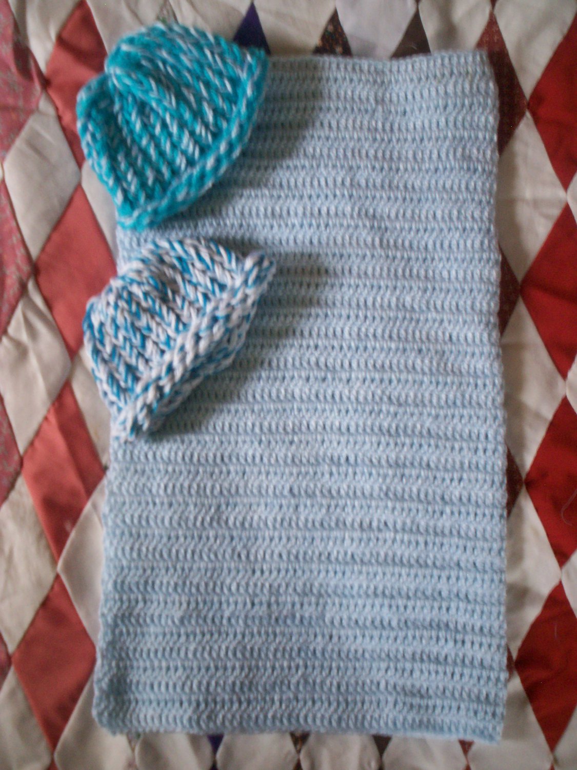 preemie baby blue crochet blanket plus 2 knitted winter hat handmade
