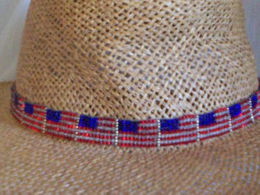 usa flag red white blue ole glory glass seed bead hat band handmade 26 1/2 inches by 1/2 inch