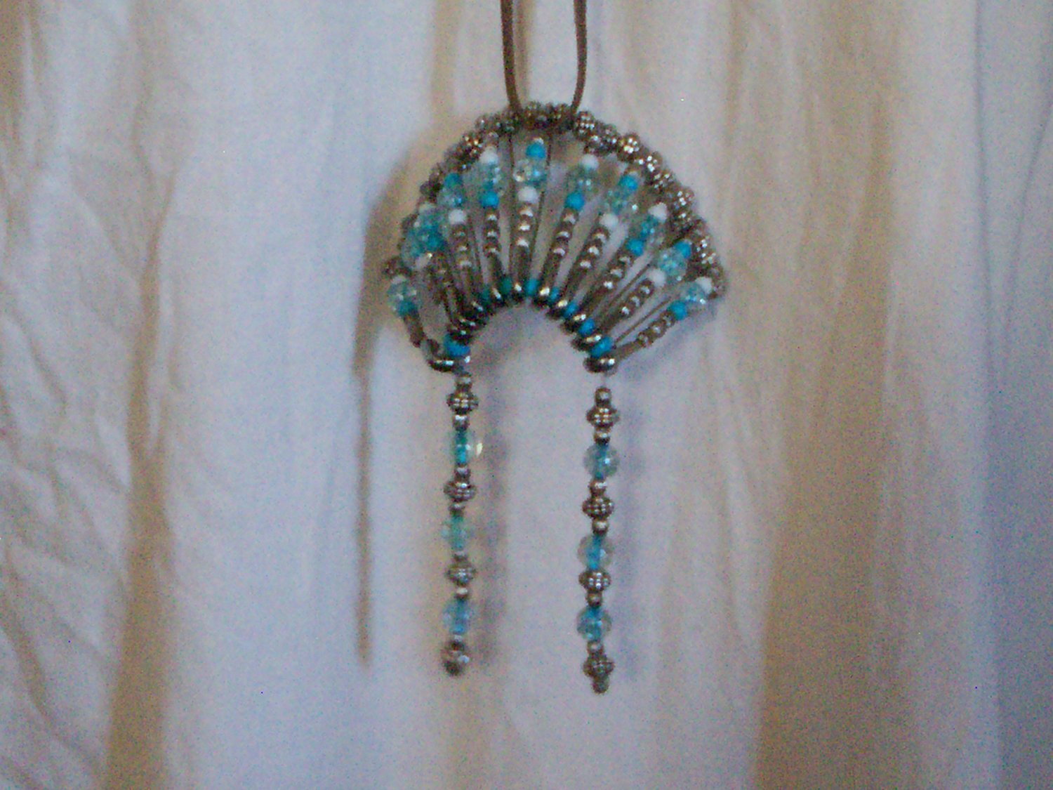 safety pin war headdress teal white silver glass seed bead handmade