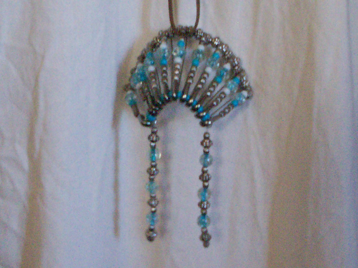 Safety Pin War Bonnet Headdress Teal White Silver Glass Seed Bead Handmade 