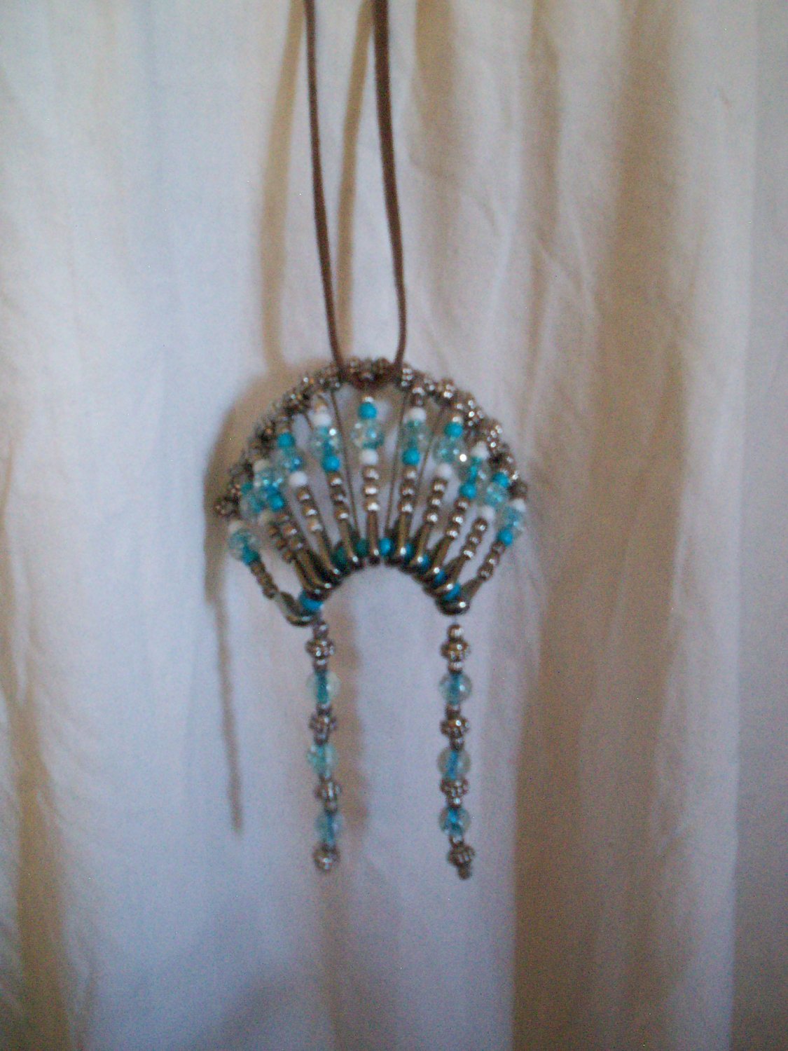 Safety Pin War Bonnet Headdress Teal White Silver Glass Seed Bead Handmade 