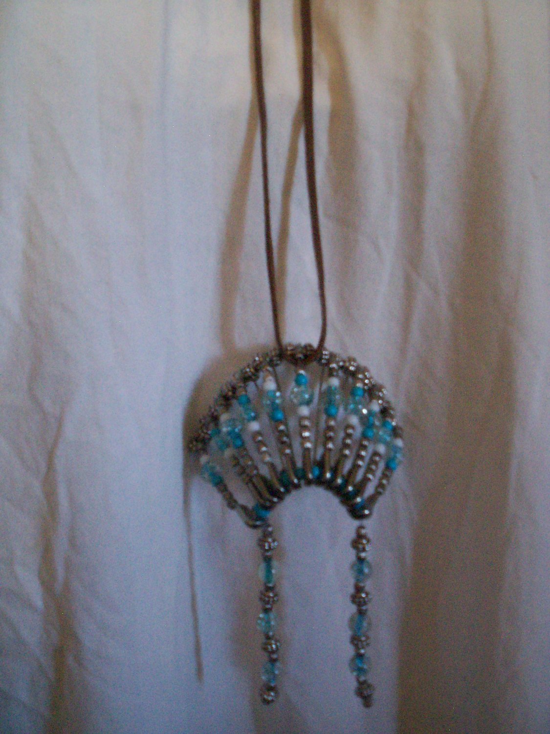 Safety Pin War Bonnet Headdress Teal White Silver Glass Seed Bead Handmade 