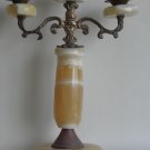 Antique Heavy Bronze / Copper / Brass 3 arm Candle Holder with Alabaster Rare