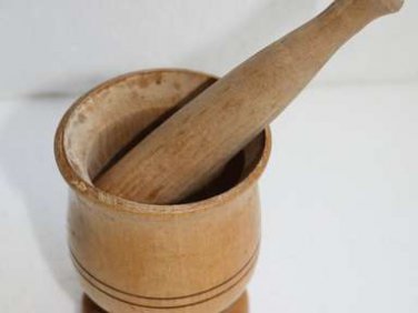 Old Vintage Russian Wood Mortar and Pestle Folk Art Country Home Bar Decoration