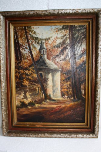 Old Vintage Original Signed Otto European Painting Oil on Card Board Wood Frame