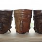 Three Vintage Wooden Mug with Tribal Face Hand Carved Solid Wood Collectible