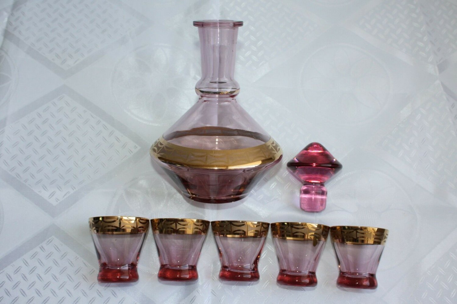 Vintage Pink Amethyst Bohemian Glass Decanter Set with 5 Glasses and