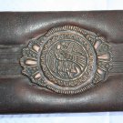 Old Antique Tooled Brown Thin Leather Jewelry Trinket Box with Copper Monogram