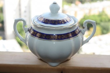 Old Cmielow Polish Porcelain Sugar Bowl Lidded 50's White with Cobalt & Gold