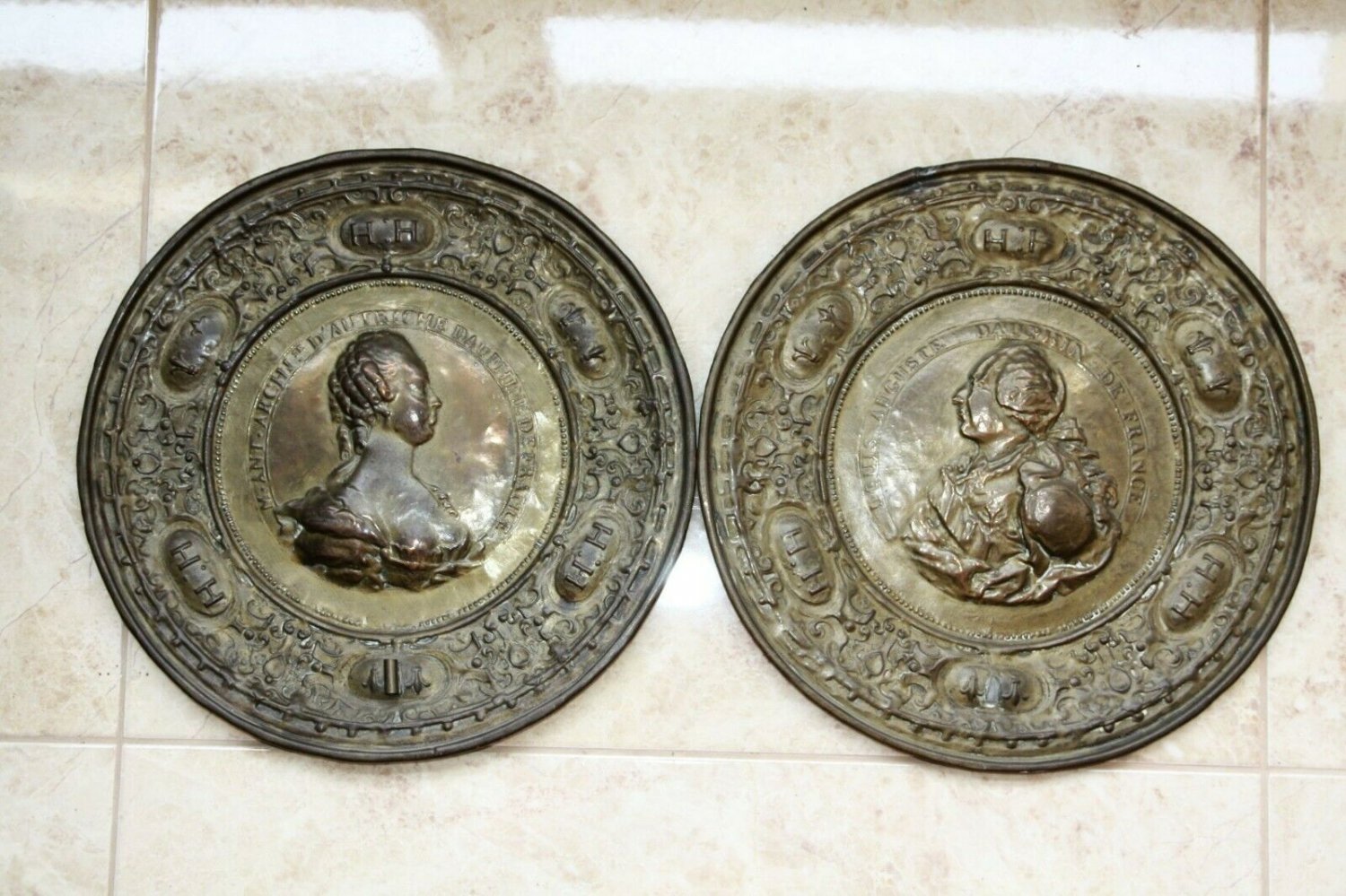 Marie Antoinette / Louis Auguste Dauphin de France Pair Brass Trays Wall Plaques