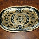 Vintage Hand Painted Black and Gold Serving Wooden Tray Flowers Rustic Folk Art