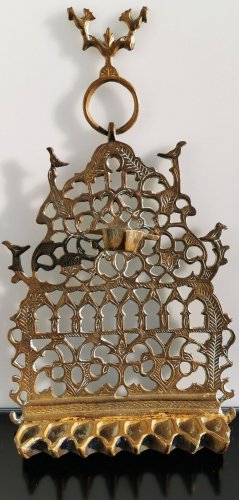 Antique Morocco Judaica Hanukkah Menorah Cast Brass Wall Hanging Oil Lamp 1800's