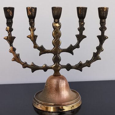 Old Vintage Judaica Hanukkah Jewish Art Menorah 5 Arms Copper Brass Jerusalem