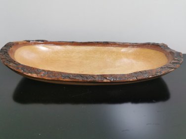 Vintage Large Hand Carved Wood Fruit Bowl Natural Bark Edge Wabi Sabi Rustic 18"
