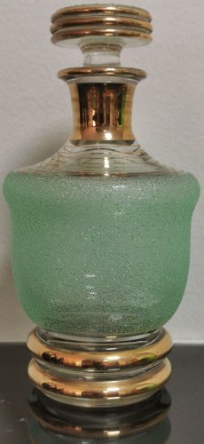 Old Vintage Green Glass and Gold Decanter with Stopper