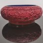 Antique Chinese Hand Carved Cinnabar Bowl Red Lacquer Blue Enamel Cloisonné 8"