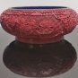 Antique Chinese Hand Carved Cinnabar Bowl Red Lacquer Blue Enamel Cloisonné 8"