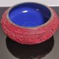 Antique Chinese Hand Carved Cinnabar Bowl Red Lacquer Blue Enamel Cloisonné 8"