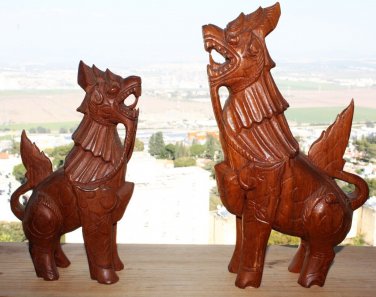 Vintage Hand Carved Wood Guardian Foo Dog Lion Dragon Balinese Chinese Tai Rare
