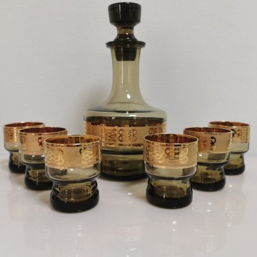Rare Vintage 70's Czech Bohemia Decanter with 6 Shots Soviet Era 24K Gold