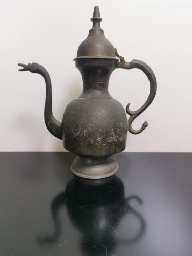 Vintage Solid Brass Indian Made Etched Antique Aftaba Tea Coffee Pot Pitcher