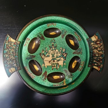 Antique Brass Bronze Enamel Passover Tray Plate Jerusalem Israel Hand Painted