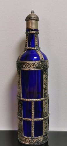 Antique Handcrafted Moroccan Blue Glass Bottle with Metal Overlay