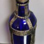Antique Handcrafted Moroccan Blue Glass Bottle with Metal Overlay