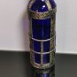 Antique Handcrafted Moroccan Blue Glass Bottle with Metal Overlay