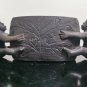 Antique Carving Heavy Ebony Wood 2 Africans Holding Bowl with Flowers and Fishes