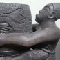 Antique Carving Heavy Ebony Wood 2 Africans Holding Bowl with Flowers and Fishes