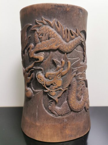 Old Antique Chinese Dynasty Bamboo Hand Carved Vase Dragon Bead Brush Pot Rarest
