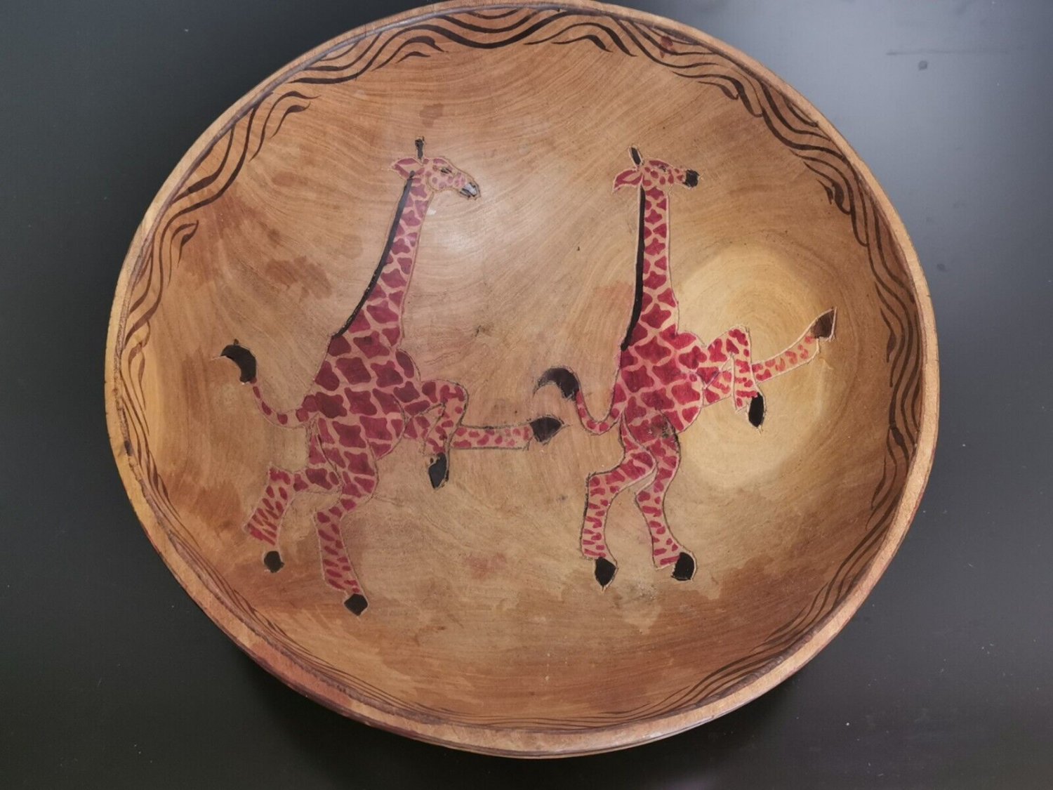 Old Vintage Large Heavy African Mahogany Wood Bowl with Giraffes Hand