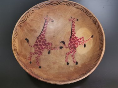 Old Vintage Large Heavy African Mahogany Wood Bowl with Giraffes Hand Carved 11"