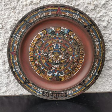Old Antique Mexico Maya Aztec Calendar Enamel on Copper Plate Wall Hanging Art