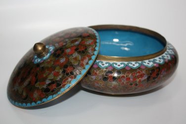 Old Vintage Large Round Cloisonne Lidded Bowl Floral Pattern Excellent Cond 7"