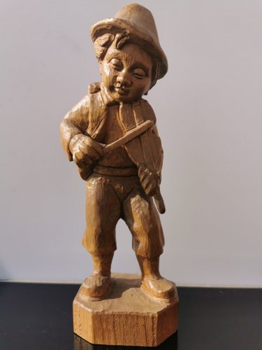 Vintage Black Forest Germany Hand Carved Wood Figurine Boy Playing Violin 11"