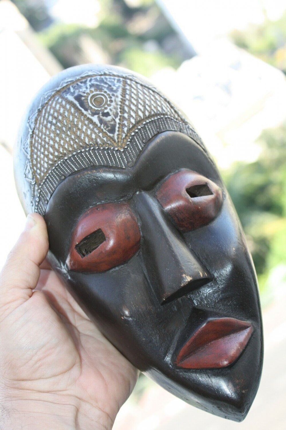 Old Antique Handcrafted In Ghana Africa Wooden Mask Carved with Metal Inlay Rare