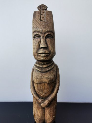 Antique Hand Carved Moai Alien African Warrior Figurine Sculpture Wooden Art 14"