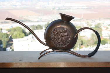 Handmade Israel Arts & Crafts Hammered Copper Vase on Stand Vintage 50's