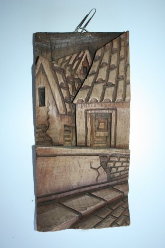 Hand Carved Wooden Wall Hanging Plaque European View of Roofs Home Bar Decor