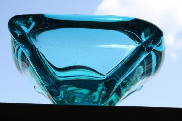 Vintage Murano Hand Blown in Italy Aquamarine Blue Glass Bowl Heavy Ashtray  9"