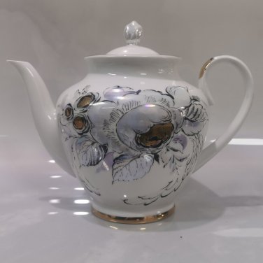 Vintage Lomonosov Tea Pot LFZ Porcelain Floral Teapot Gray White Gold Pearl