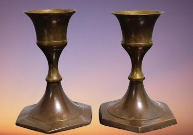 Pair of Small Brass Menorah Candle Holders Israel 60's Holy Land Candlesticks